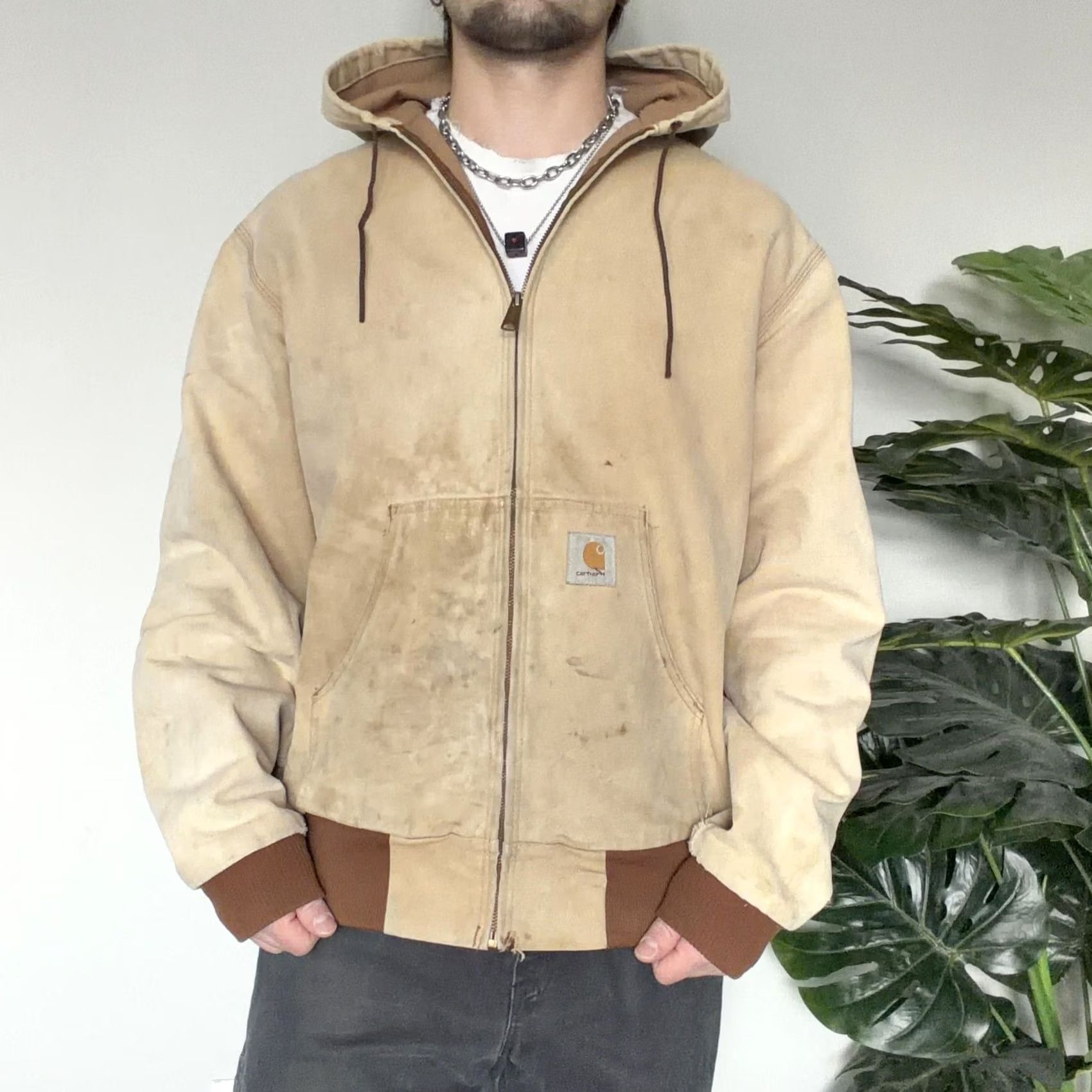 Carhartt VINTAGE Carhartt Jacket Mens Large Beige Duck Canvas Hooded Bomber Zip Front Workwear Insulated Lined Pockets Size US L / EU 52-54 / 3 - 2 Thumbnail