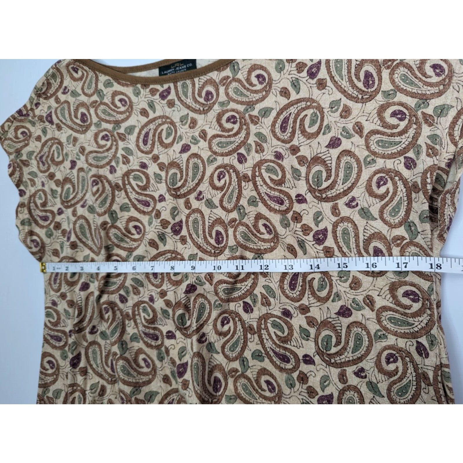 Ralph Lauren RALPH LAUREN LRL Tan Paisley Cotton Knit Faux Suede Trim Smocked Hem Top M Beige Womens Blouse Knit Cotton Short Sleeves Boat Neck Casual 90s? Size M / US 6-8 / IT 42-44 - 6 Thumbnail