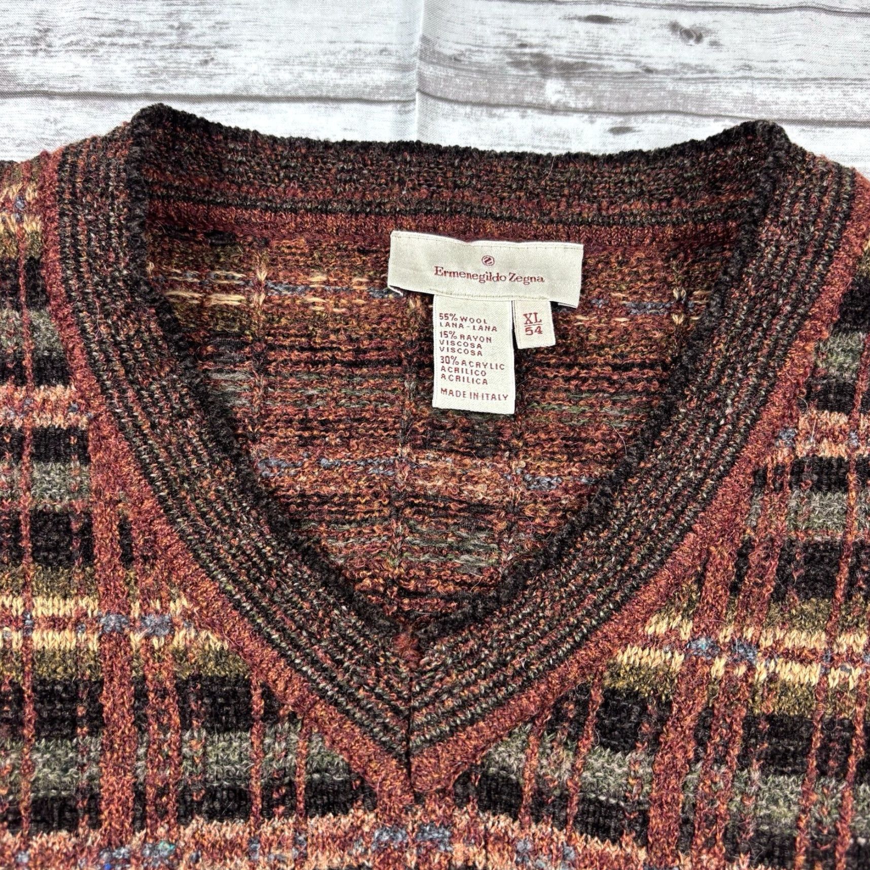 VINTAGE Ermenegildo Zegna Wool Blend Sweater Men Multicolor Brown Striped Crew Neck XL 54 Pullover Knit Vintage Designer Italian Regular