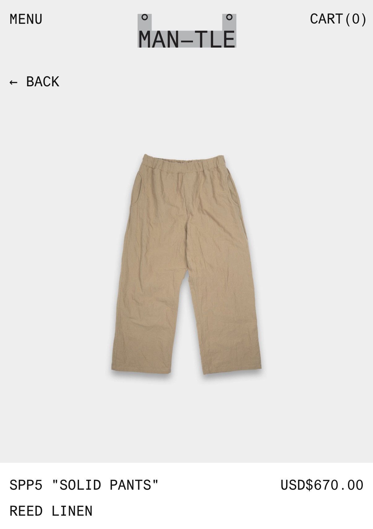SPP5 "SOLID PANTS" REED LINEN, Size S - MAN-TLE