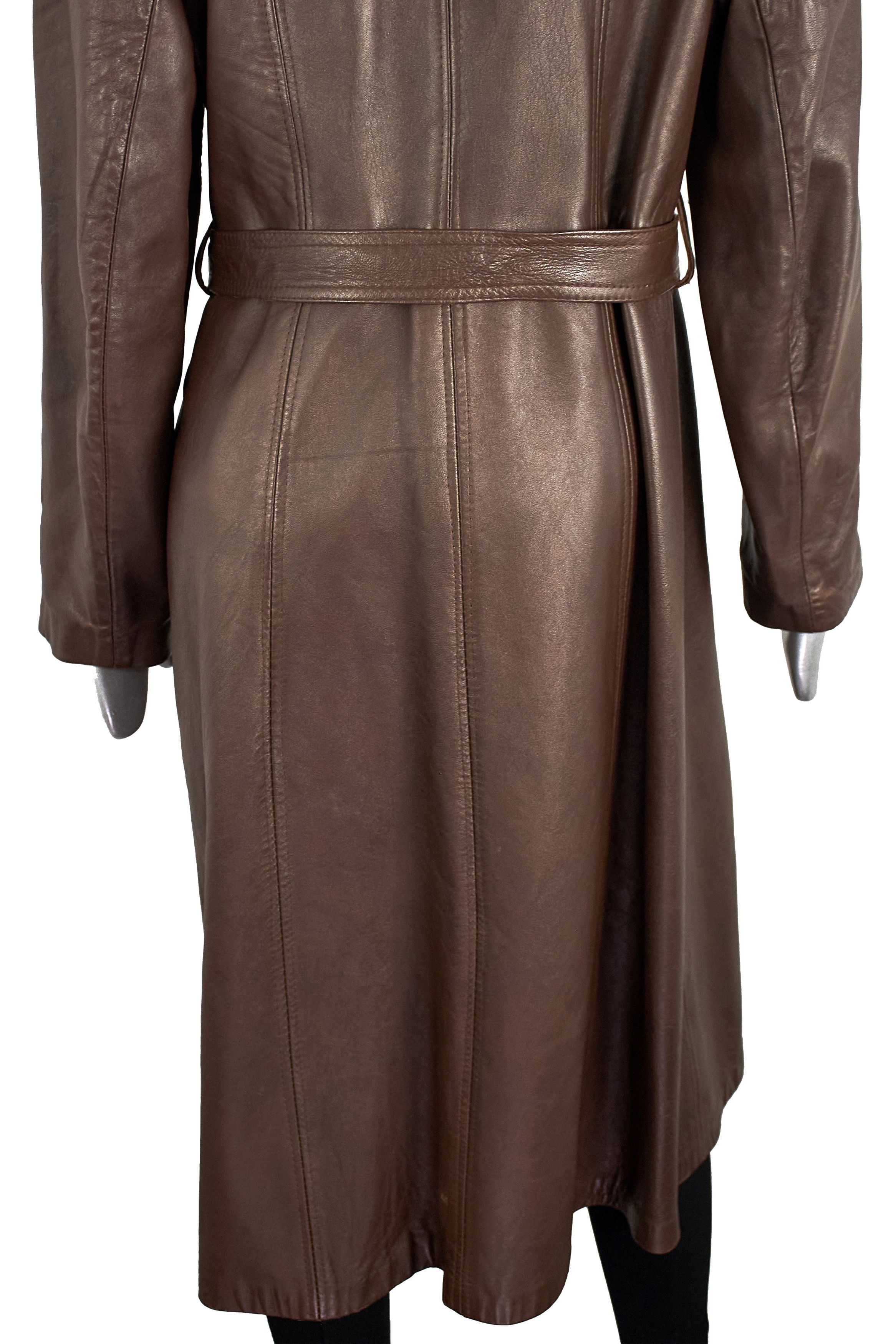 C&A Vintage 90s Brown Belted Leather Coat Trench Made in England Size M / US 6-8 / IT 42-44 - 13 Thumbnail