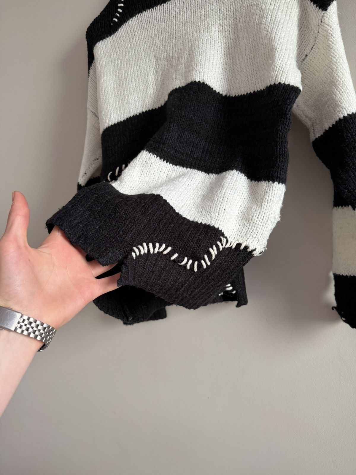 Handmade Distressed Knit Striped Sweater Black White Size US M / EU 48-50 / 2 - 8 Thumbnail