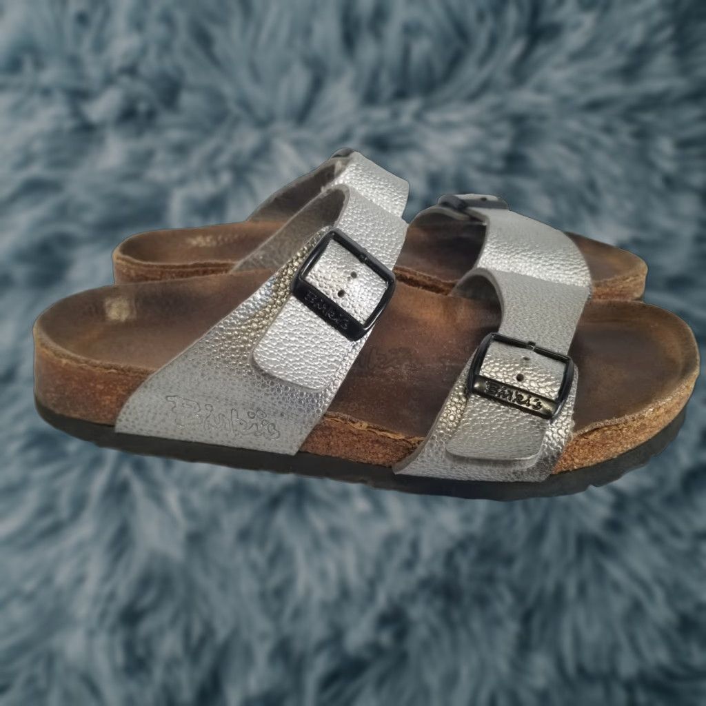 Birkenstock Birkenstock Sandals Birki's Womens 7 Silver Slip On Buckle Slide Shoes Leather Cork Rubber Flat Heel 1 in See All Pics Size US 7 / IT 37 - 1 Thumbnail