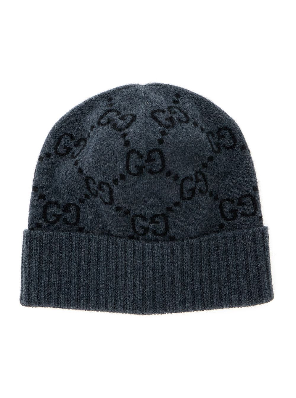 Gucci Men's 'GG Jacquard' Gray Beanie with Brim and Cuff in Cashmere Size ONE SIZE - 1 Thumbnail