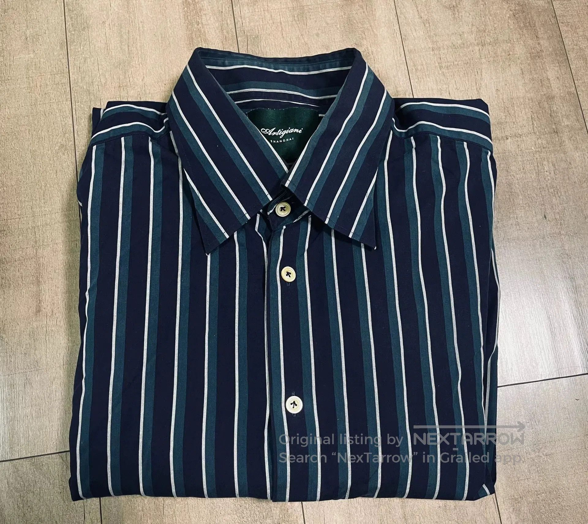 Vintage Navy Green Stripe Shirt The Refinery TR. Size US M / EU 48-50 / 2 - 3 Thumbnail