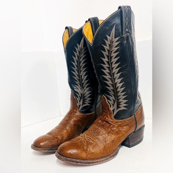 image of Tony Lama Full Quill Ostrich Leather Brown & Black Men’S Cow Shoes, Men's (Size 8.5)
