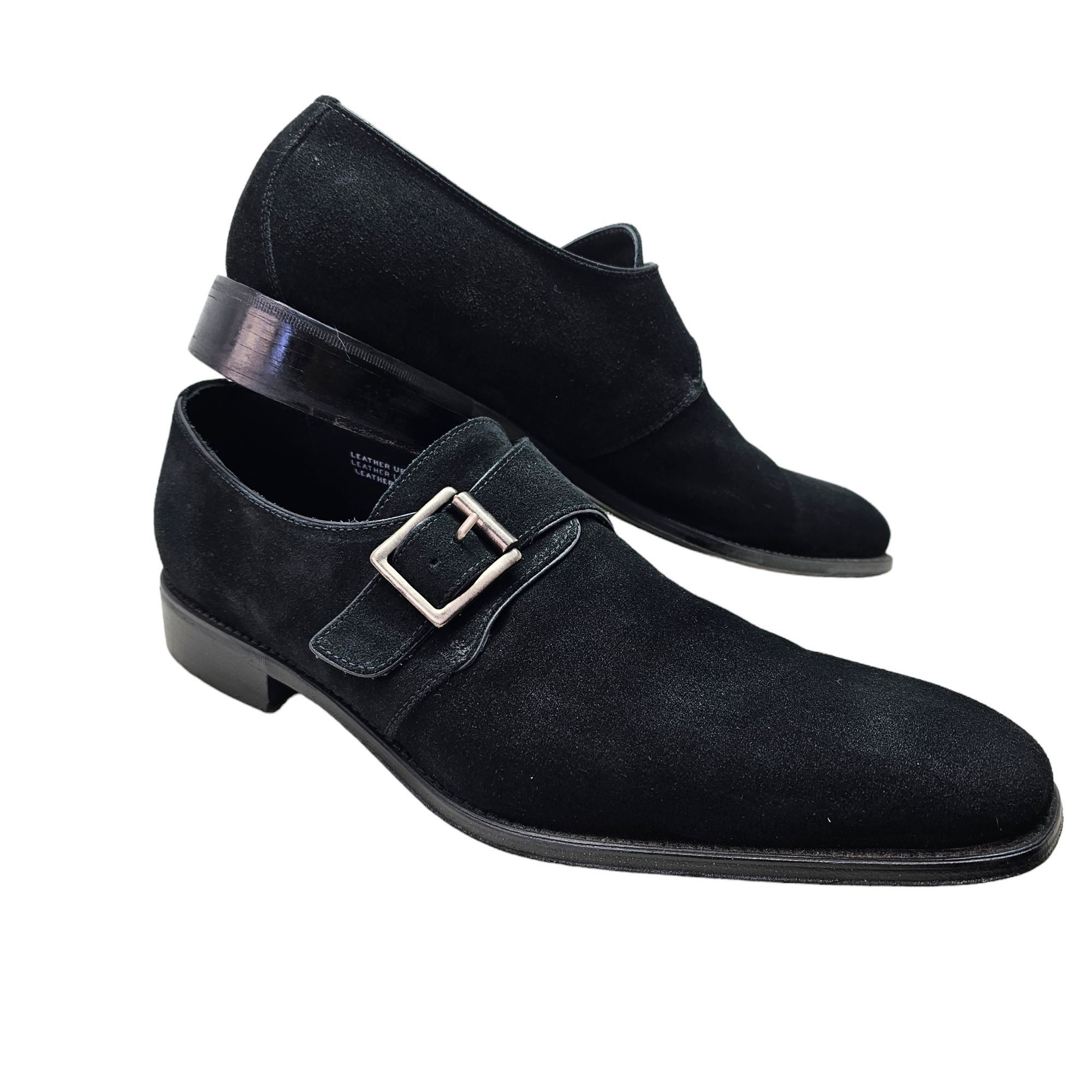 image of Paul Frederick Suede Leather Loafer Dress Shoe Adjust Silver Buckle in Black, Men's (Size 13)