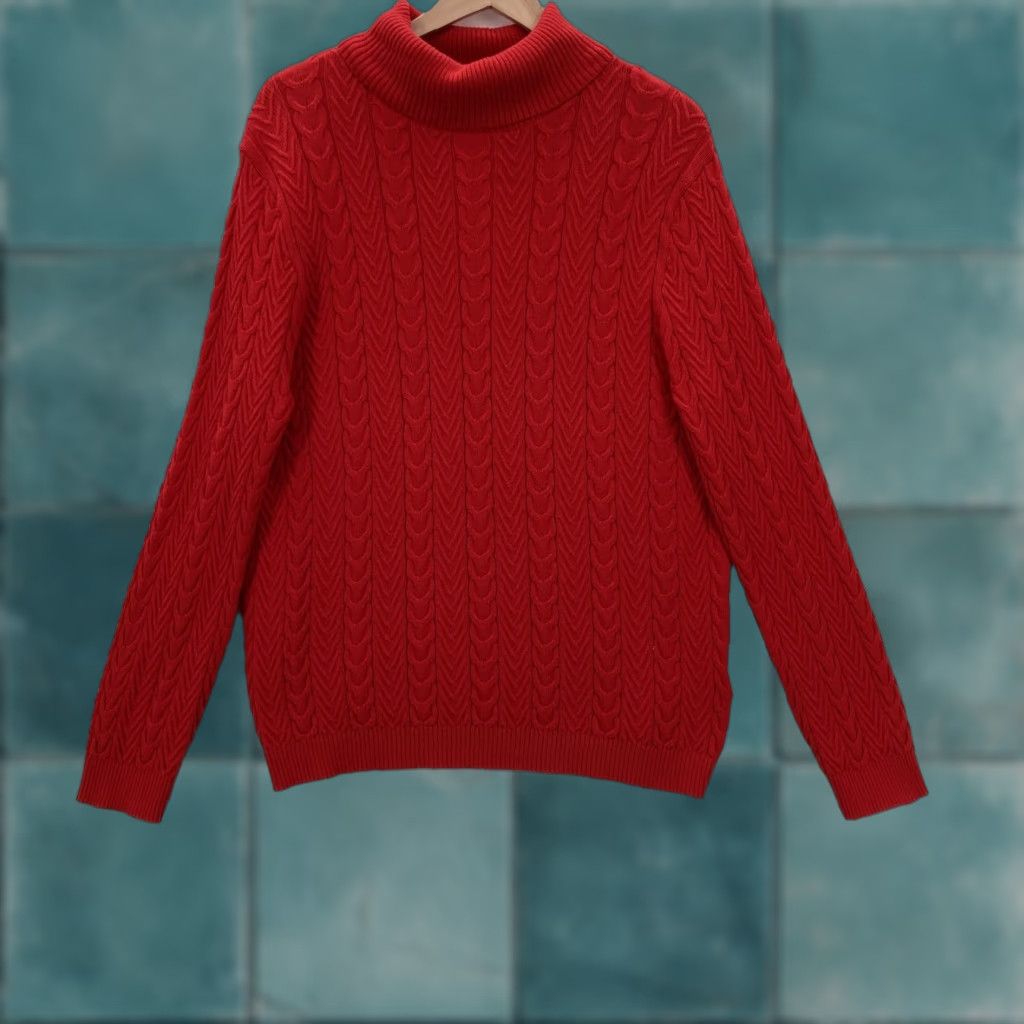 Lands' End VINTAGE Lands' End Sweater Womens 1X Red Cable Knit Turtleneck Cotton Pullover 16W-18W Mens? Size XL / US 12-14 / IT 48-50 - 1 Thumbnail