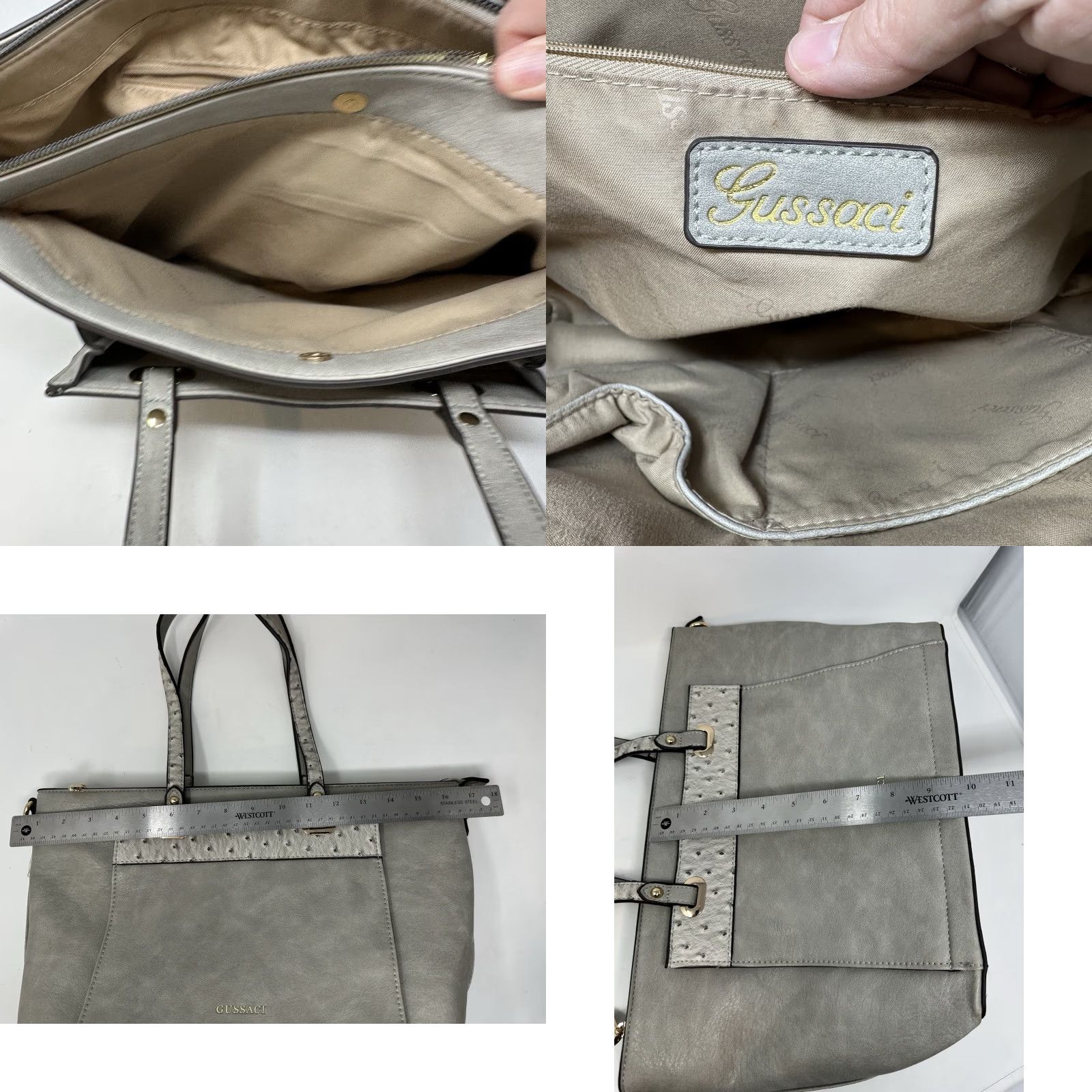 Vintage Gussaci Shoulder Bag Womens Gray Leather Ostrich Trim Crossbody Strap Classic Large Size ONE SIZE - 8 Thumbnail