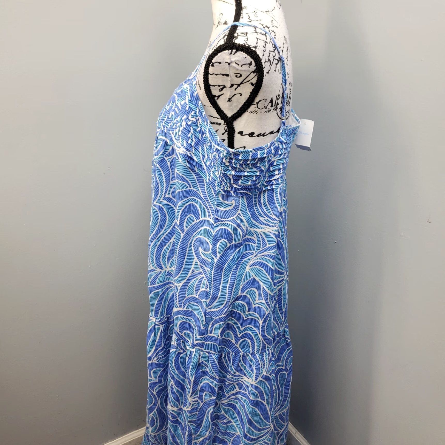 J. McLaughlin Paris Maxi Dress Womens L Blue & White Geti Swirl Tiered Hem  Dress