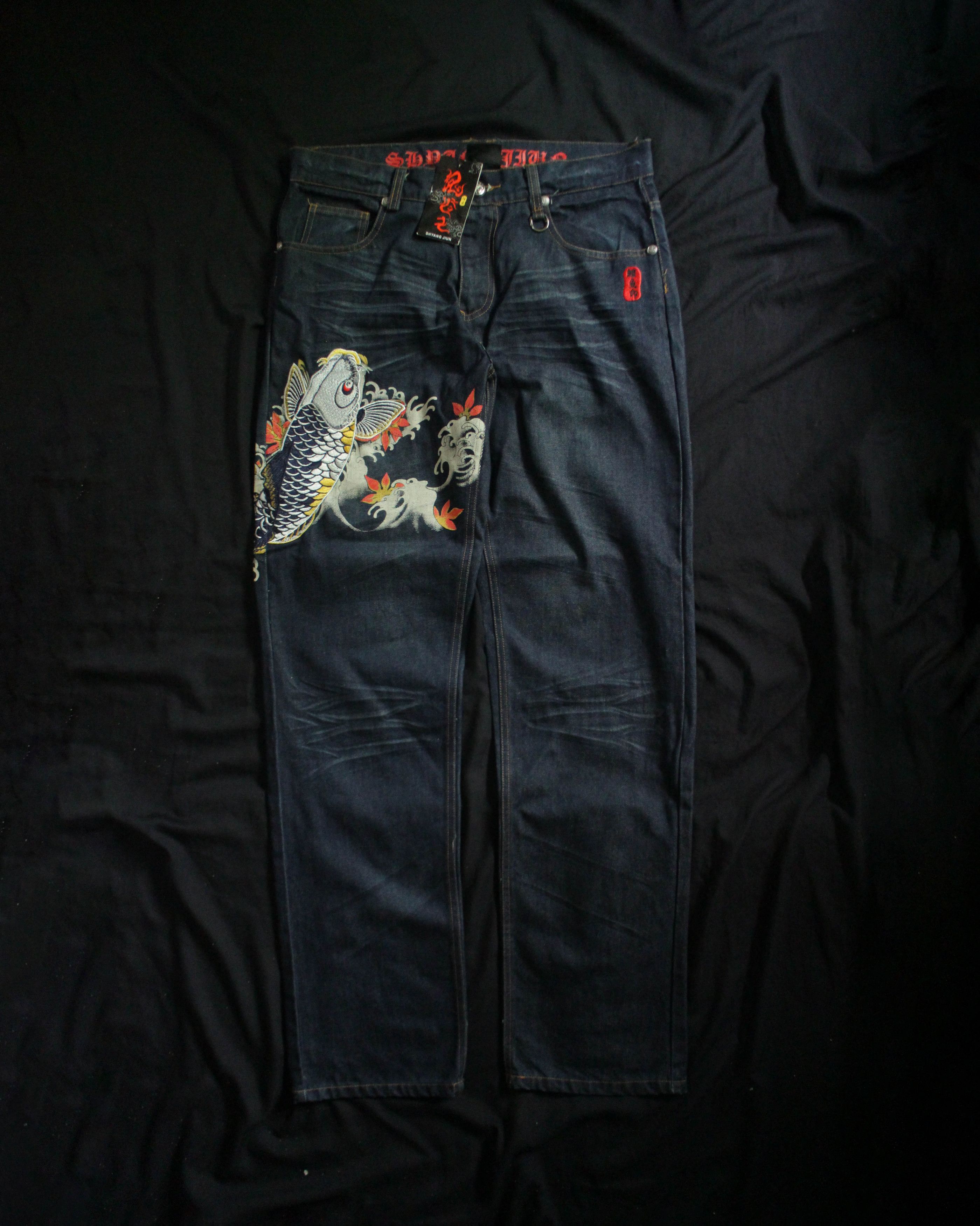image of Avant Garde x Hype Koi Embroidered Sukajan Denim By Shyang Jiun in Indigo, Men's (Size 32)