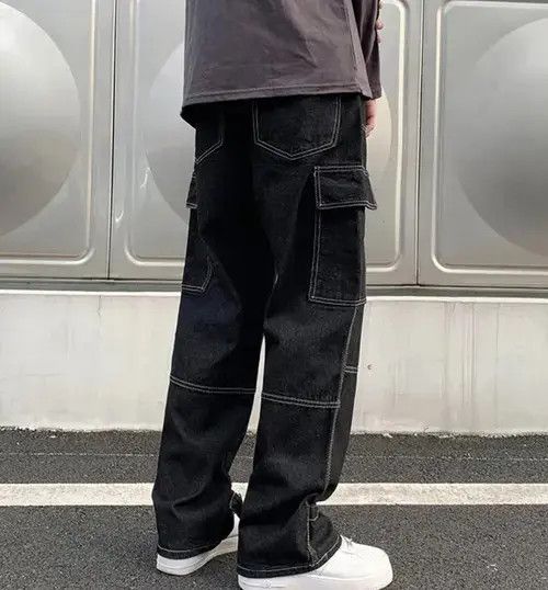 Japanese Brand Black Color Straight Baggy Denim Pants Size US 31 - 4 Thumbnail