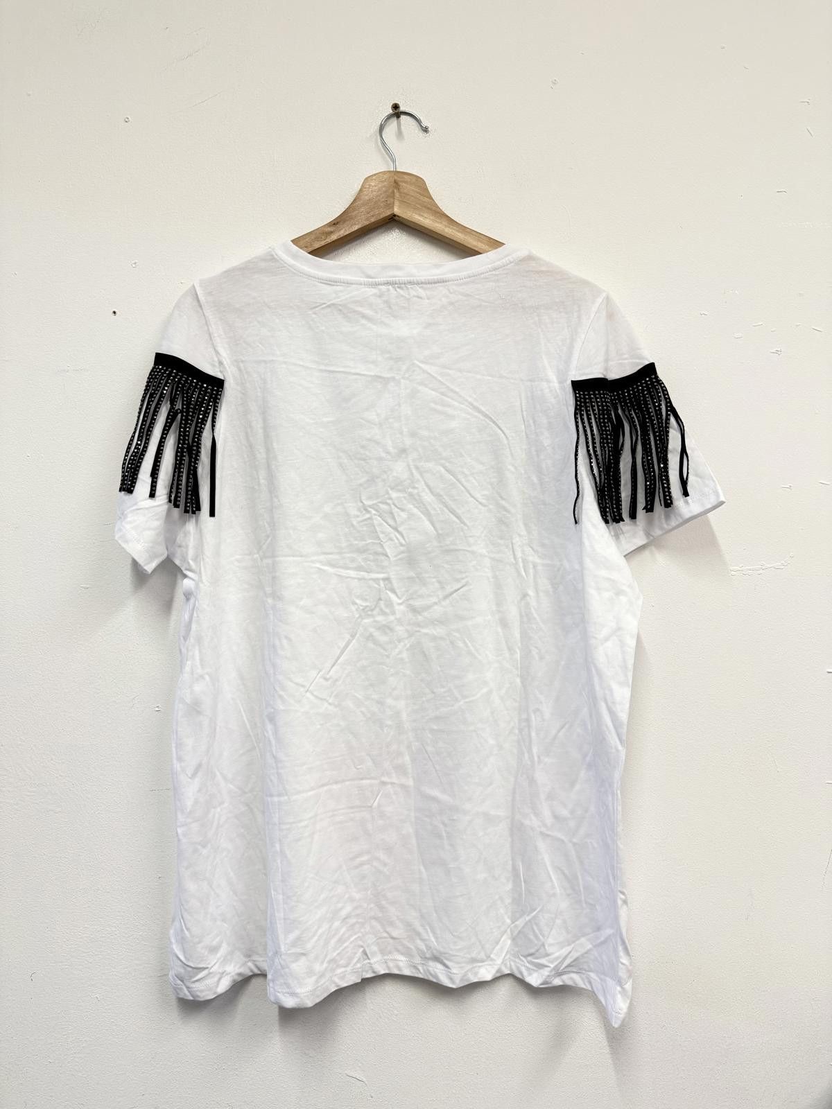 River Island River Island White T-Shirt with Black Studded Fringe Detail, Size XL / US 12-14 / IT 48-50 - 4 Thumbnail