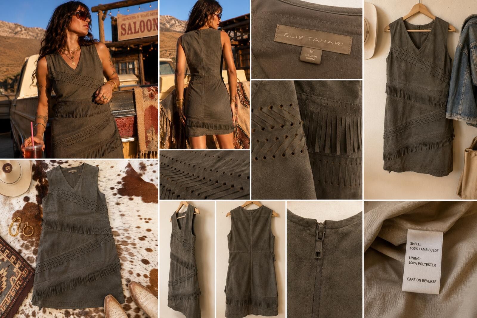 Elie Tahari Y2K Vintage Elie Tahari Lamb Suede Fringe Dress Boho M Size M / US 6-8 / IT 42-44 - 2 Thumbnail