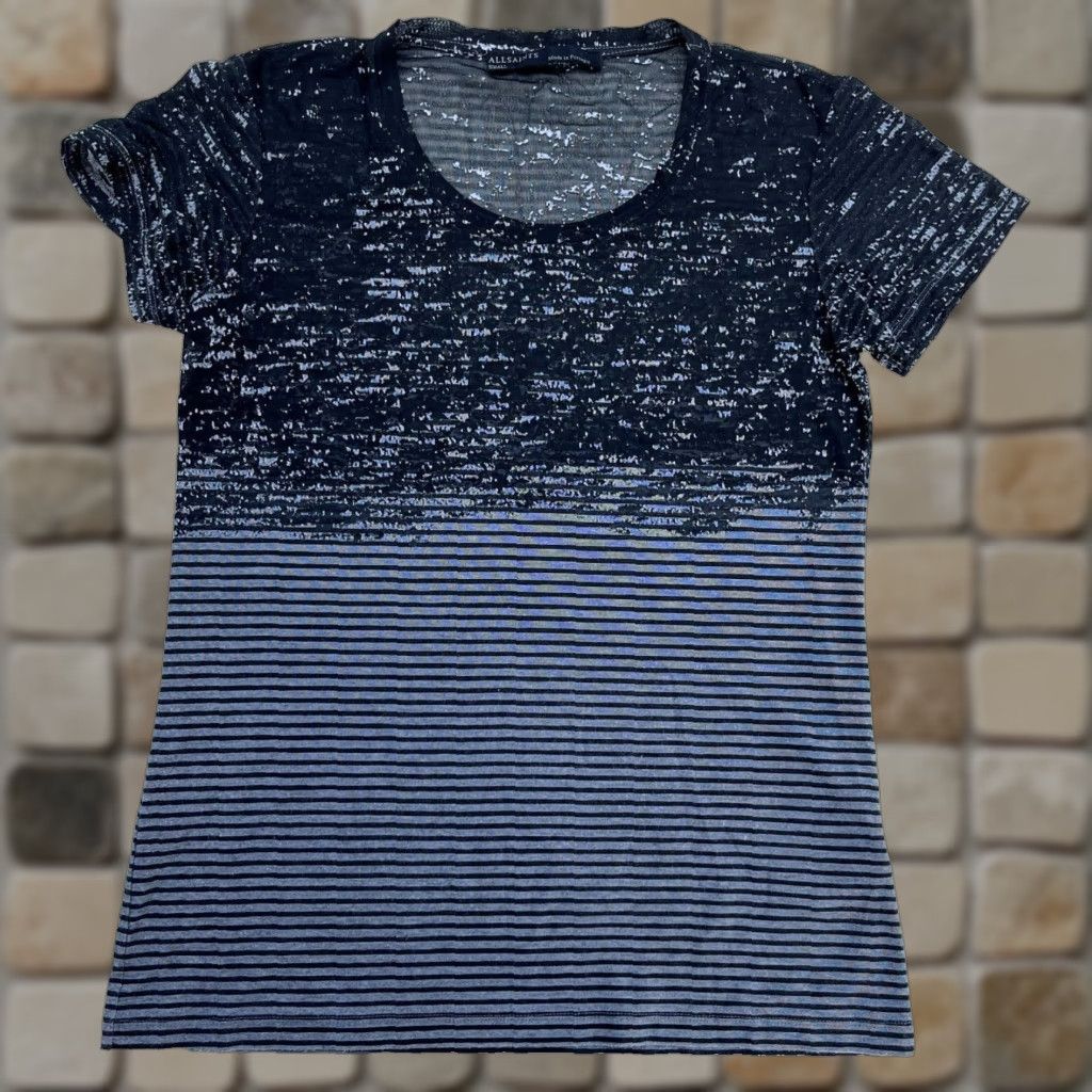 Allsaints AllSaints Women's Zane Rok Tee Striped Short Sleeve Crew Neck Pullover Cotton Blend Gray Sz S Made in Portugal Size S / US 4 / IT 40 - 1 Thumbnail