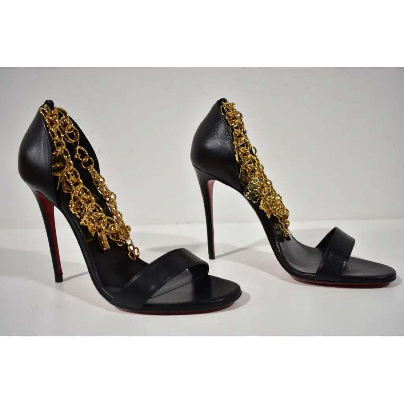Christian Louboutin Gourmi Sandal 100 Black Gold Charm Ankle Strap Heel Pump 39 Size US 9 / IT 39 - 4 Thumbnail