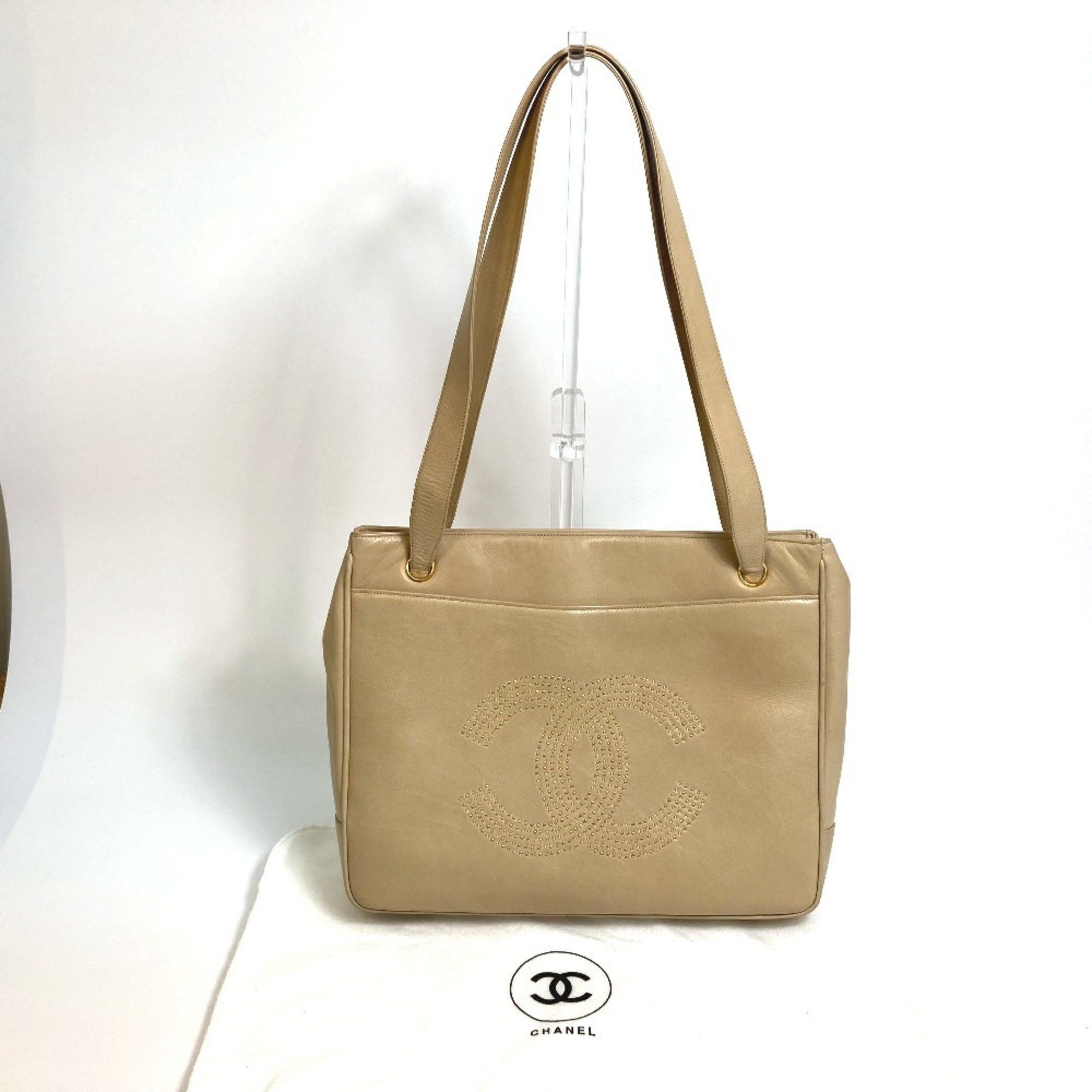 Chanel Cc Coco Mark Studs Shoulder Bag Tote Lambskin Women's Beige G-220525-2