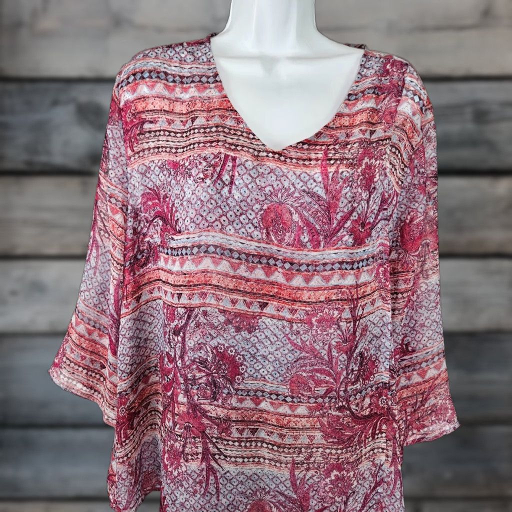 Vintage Chicos Womens Top XL Pink Blue Floral Semi Sheer 3/4 Sleeve Blouse Womens Size XL / US 12-14 / IT 48-50 - 1 Thumbnail