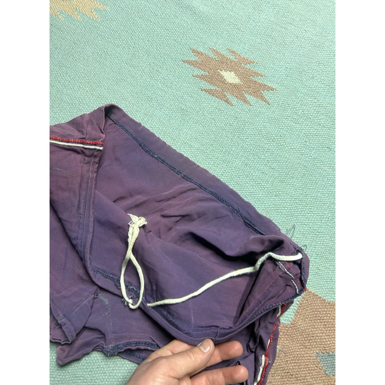 Vintage VINTAGE swims trunks bottoms Mens 35 Purple Striped Rayon Beach 40s 50s Distressed 12” waist to crotch Size US 35 - 6 Thumbnail