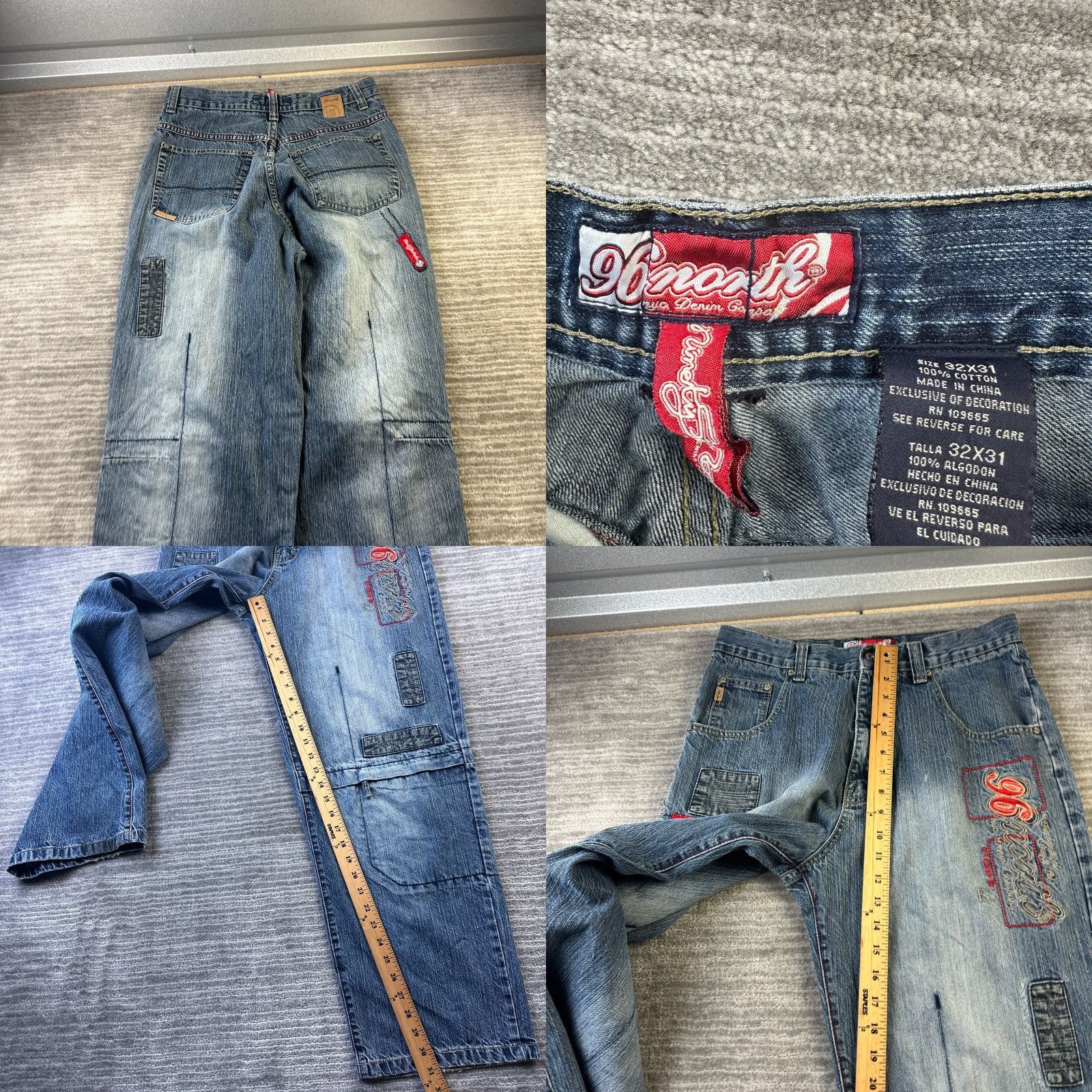 Denime VINTAGE 96 North Jeans Mens 32x31 Denim Baggy Patchwork 5-Pocket Logo Embroidered Blue Cotton Hip Hop Modern Relaxed Straight Leg Wide-Leg Jeans Mens Size US 32 / EU 48 - 8 Thumbnail