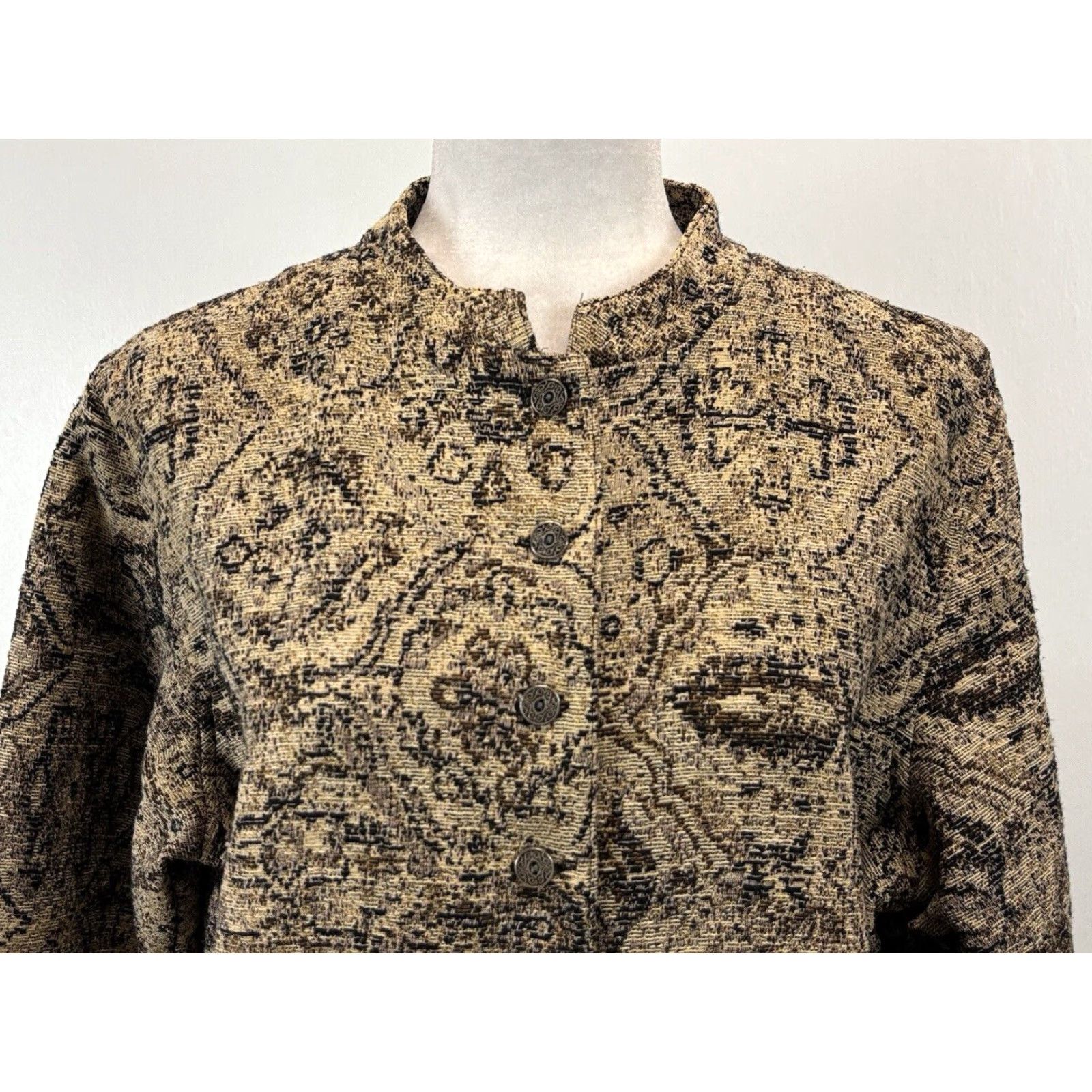 Vintage Chicos Jacket Brown and Black Tapestry Cotton Blend Band Collar Womens Large Size L Regular Size L / US 10 / IT 46 - 5 Thumbnail