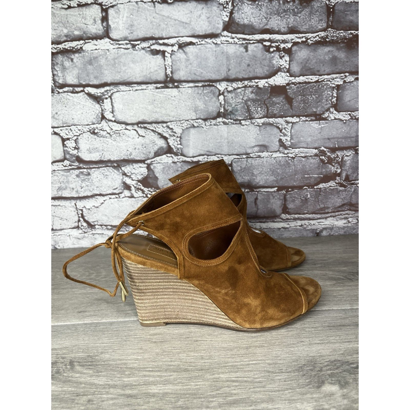 Aquazzura Aquazzura Sexy Thing Camel Ankle Open Toe Lace Up Suede Wedg Size US 7 / IT 37 - 16 Thumbnail
