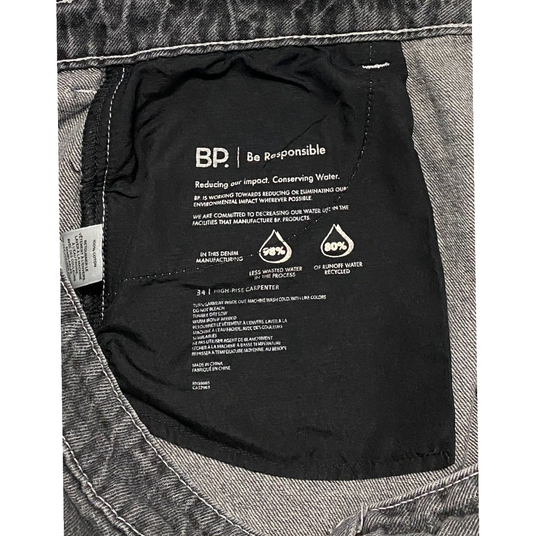 Vintage BP Jeans Carpenter Wide-Leg High Rise 34 Black Charcoal Wash Women Power Relaxed Denim 100% Cotton Jeans BP Size 24" / US 00 / IT 34 - 4 Thumbnail