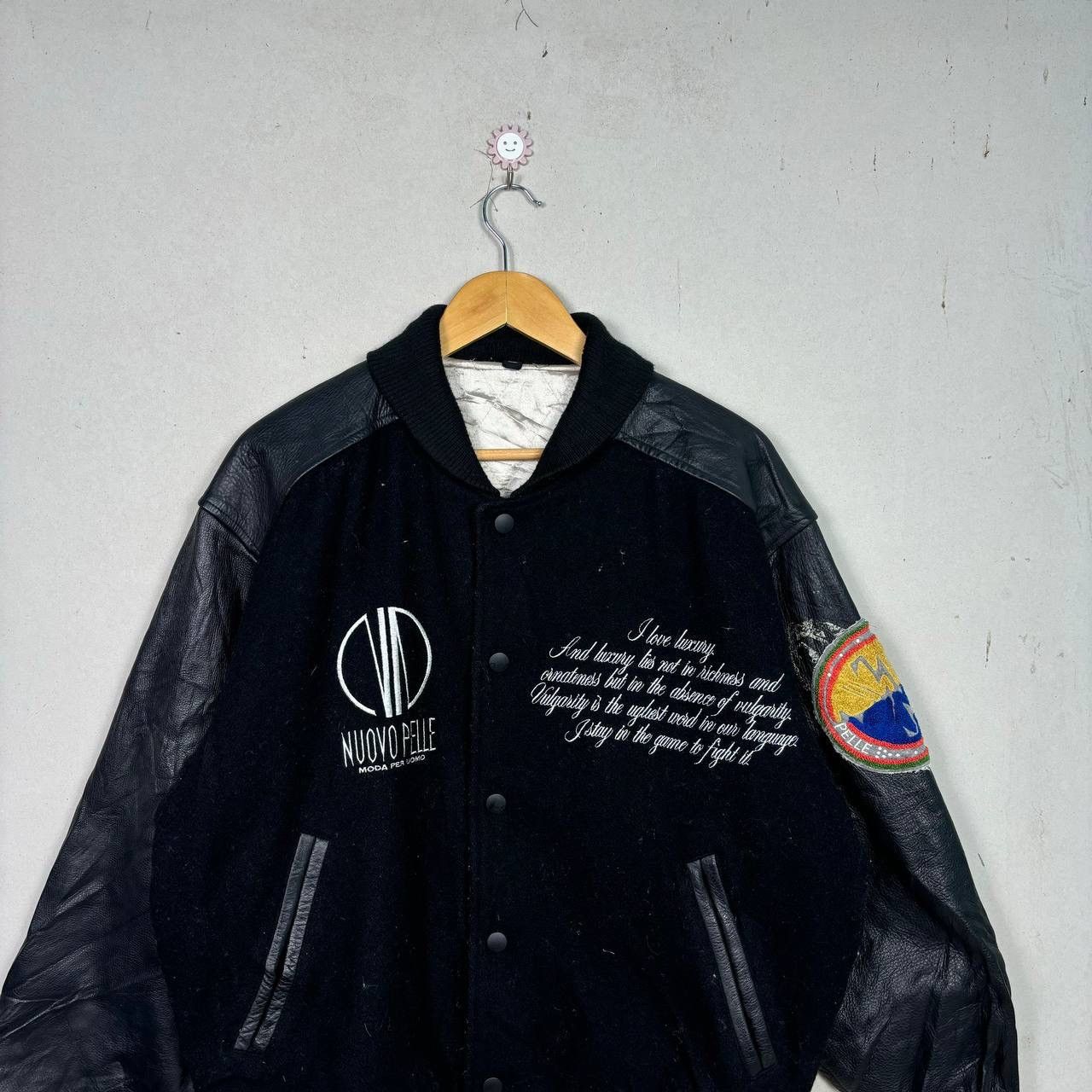 Vintage Vintage 90s Nuovo Pelle Embroidered Logo Wool Leather Jacket Size US L / EU 52-54 / 3 - 4 Thumbnail