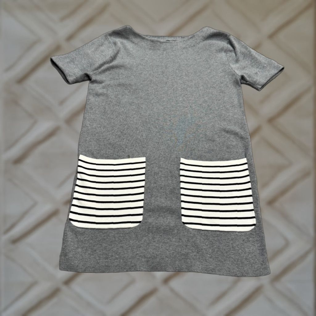 Cos COS Sweater Dress Womens XS Gray White Striped Short Sleeve Knit Midi Casual Stretch Size XS / US 0-2 / IT 36-38 - 1 Thumbnail