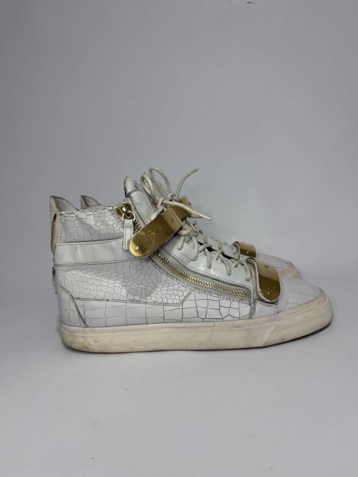 Giuseppe Zanotti Giuseppe Zanotti White Croc Embossed Leather London Sneakers Size US 10 / EU 43 - 3 Thumbnail