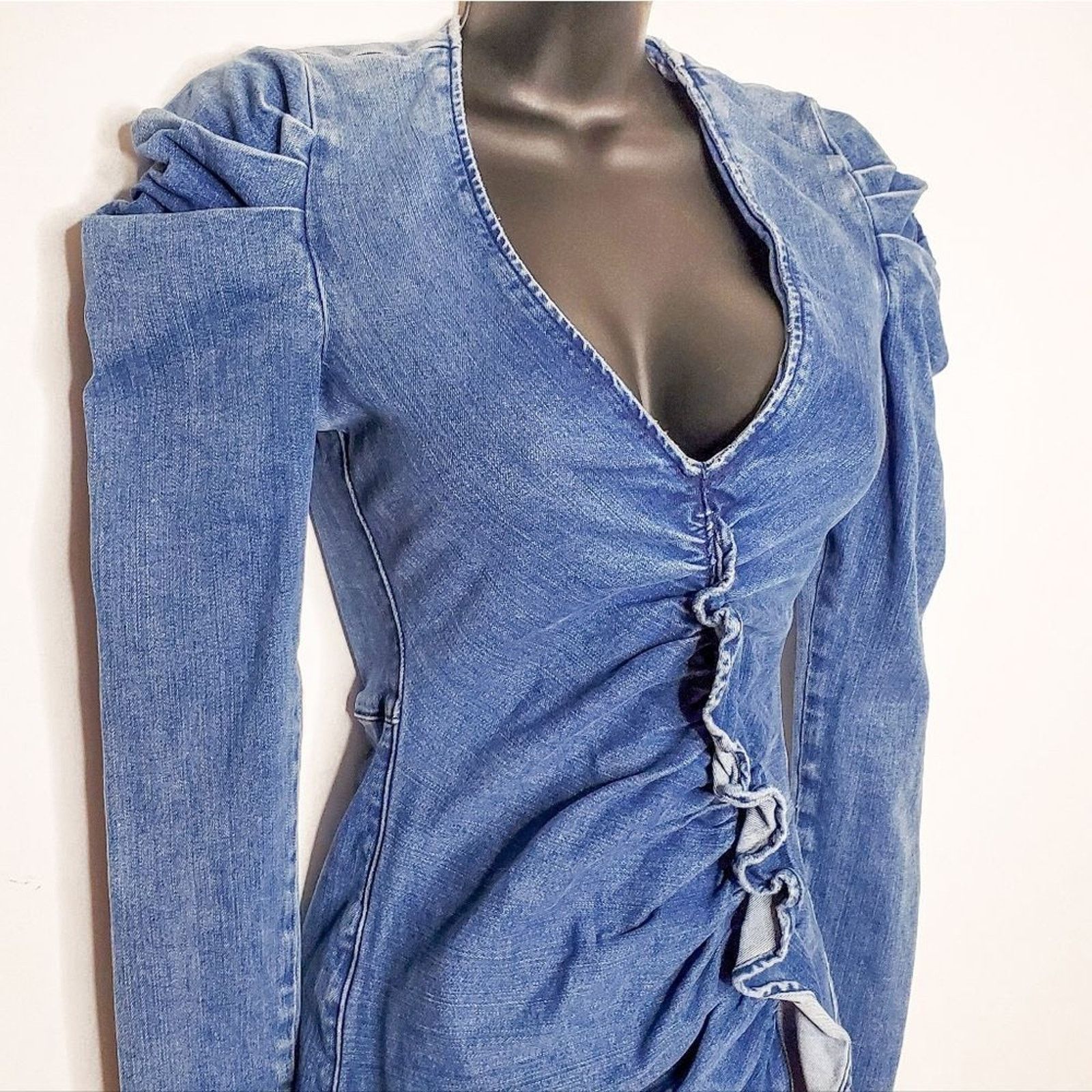 Jonathan Simkhai Jonathan Simkhai Denim Ruffle Long Puff Sleeve Dress Size 2 Size XS / US 0-2 / IT 36-38 - 3 Thumbnail