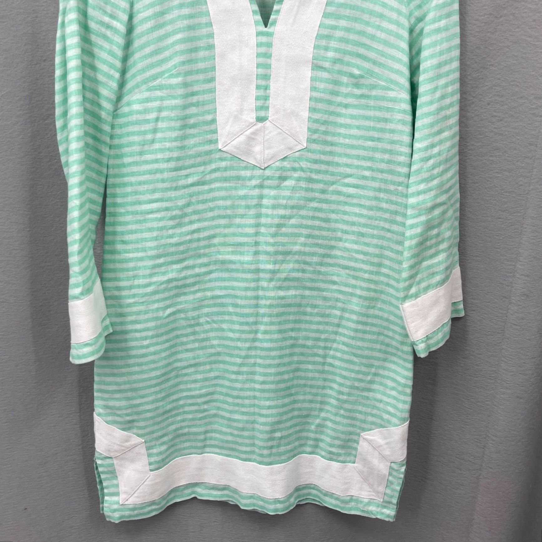 Vintage Sail to Sable Women’s Linen Dress XS Green White Stripe V-Neck Mini Casual Preppy 2020s Size XS / US 0-2 / IT 36-38 - 3 Thumbnail