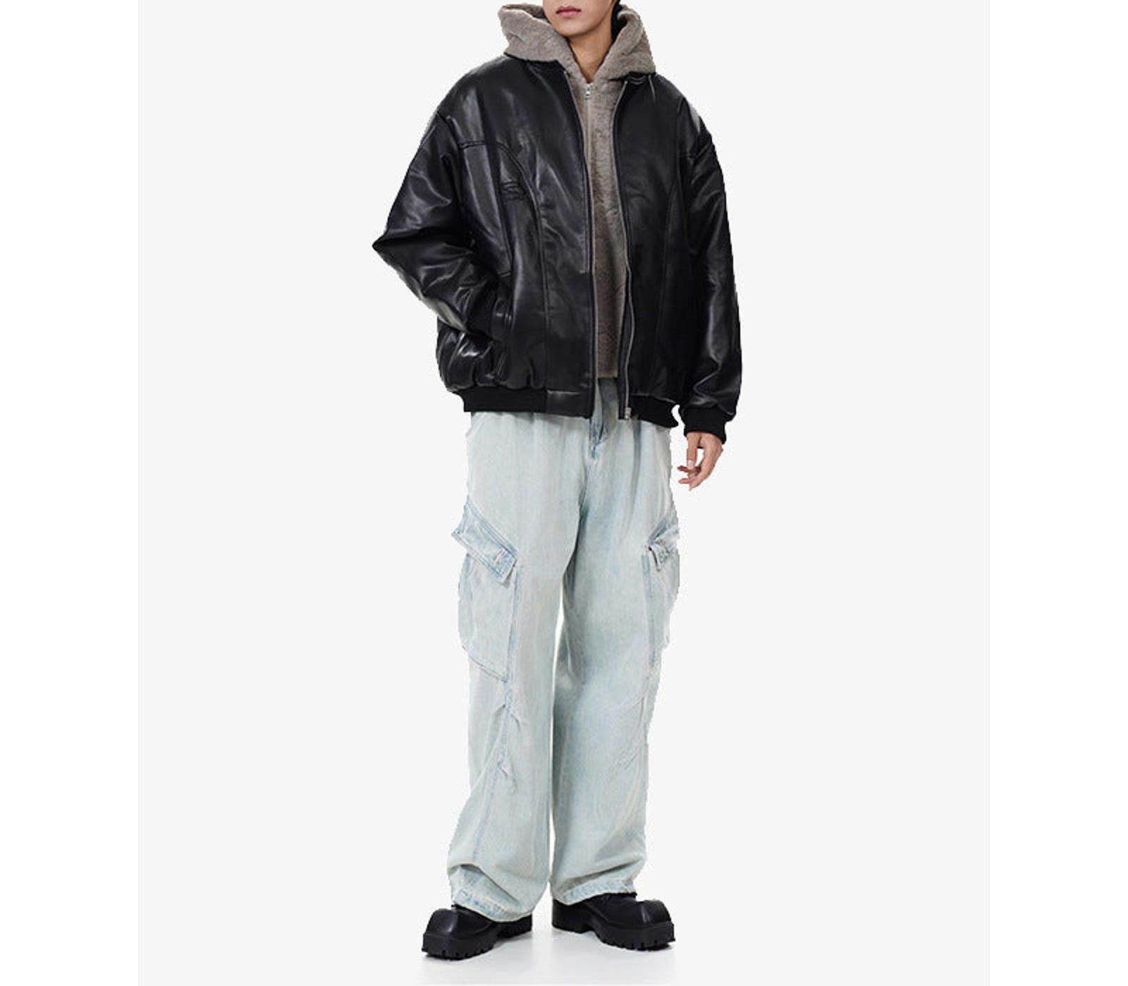 Japanese Brand Black Faux Leather Bomber Jacket with Beige Hoodie Size US M / EU 48-50 / 2 - 3 Thumbnail