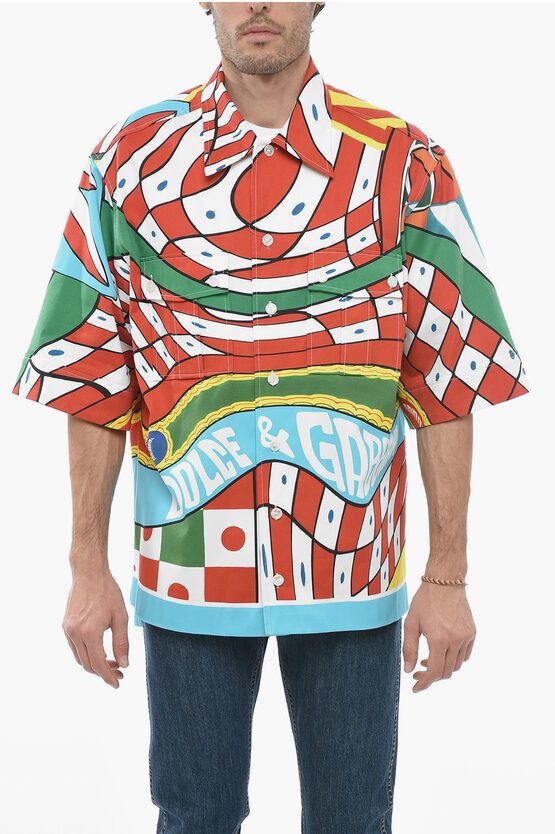 image of Dolce Gabbana Cotton Blend Bowling Shirt With Carretto Motif, Men's (Size Medium)