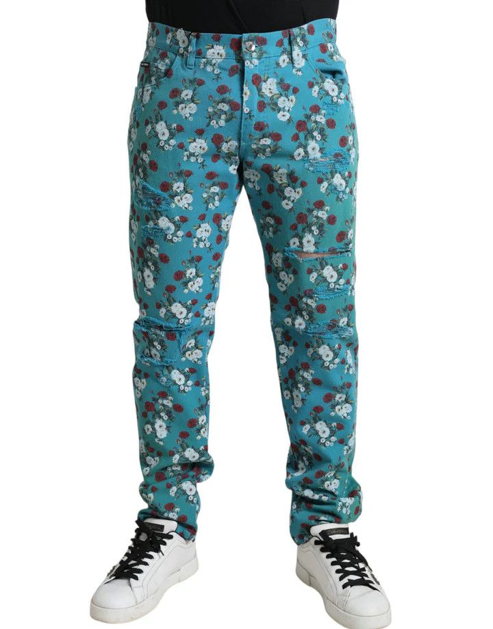 Dolce & Gabbana o1y0125 Floral Print Logo Jeans in Blue Size US 32 / EU 48 - 1 Thumbnail