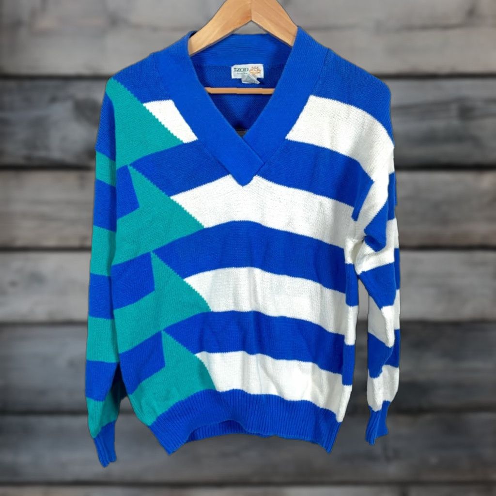 Izod VINTAGE Izod Club Sweater Women's L Blue White Striped V-Neck 100% Cotton Knit Pullover Casual 90s Hipster Retro Womens Size L / US 10 / IT 46 - 1 Thumbnail