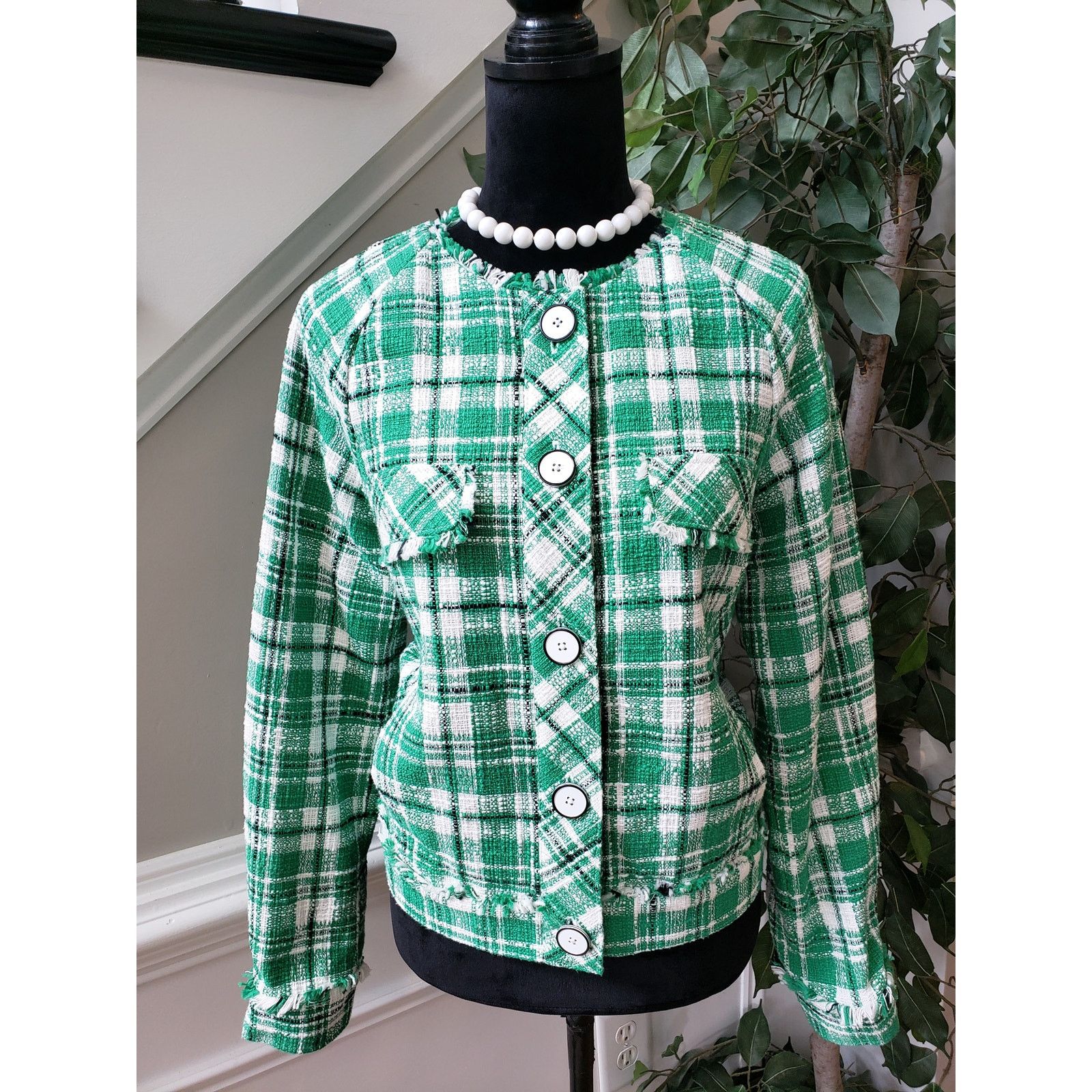 The Unbranded Brand Cabi Library Jacket Womens Medium Green White Plaid Sophia Size M / US 6-8 / IT 42-44 - 4 Thumbnail