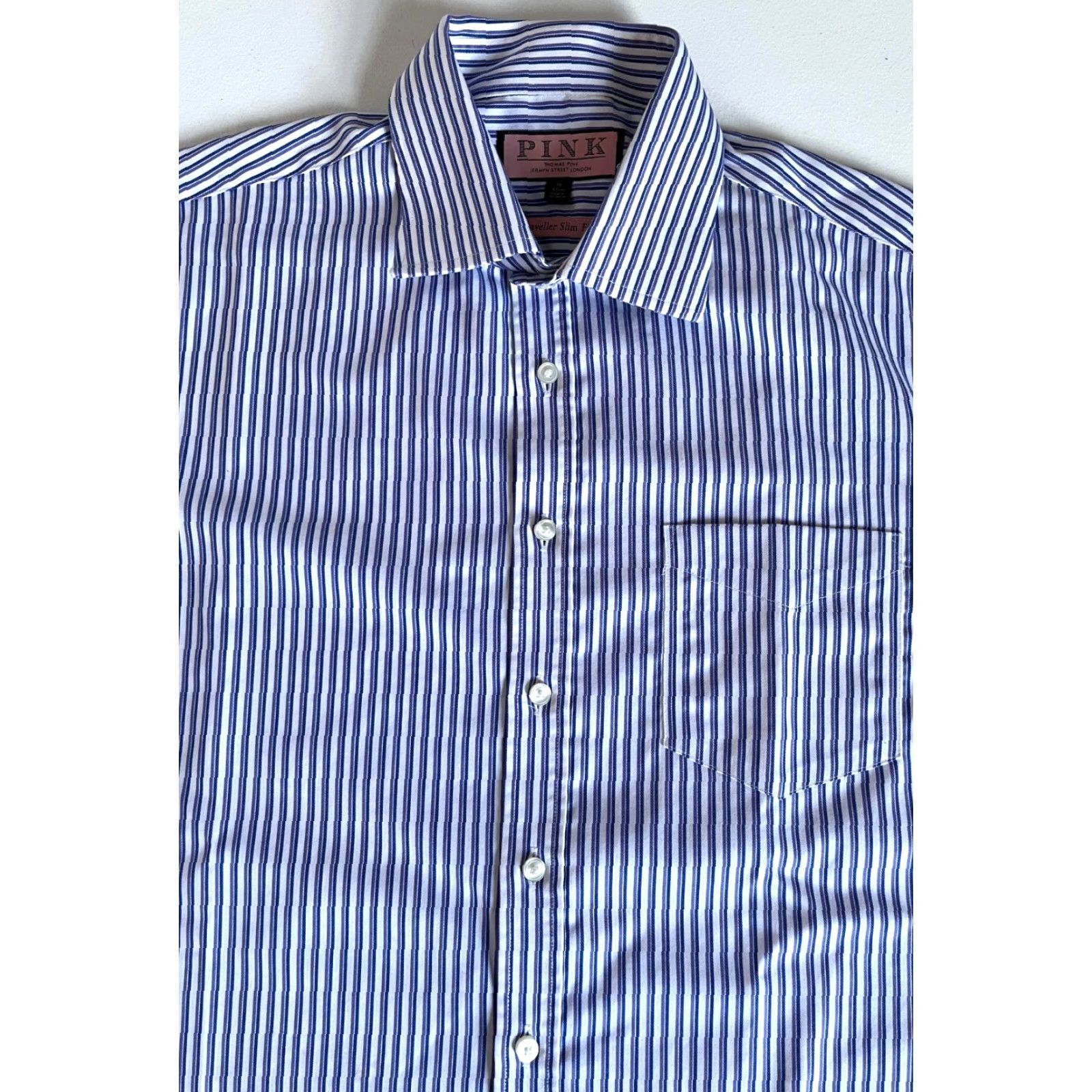VINTAGE Thomas Pink Traveller Slim Fit Dress Shirt Striped Mens Dress Shirt  16 41cm White, Blue,