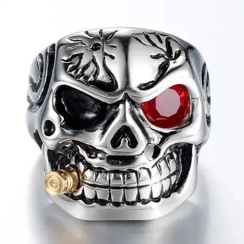 Vintage Domineering Red Eye Skull Bite Bullet Ring Size ONE SIZE - 4 Thumbnail