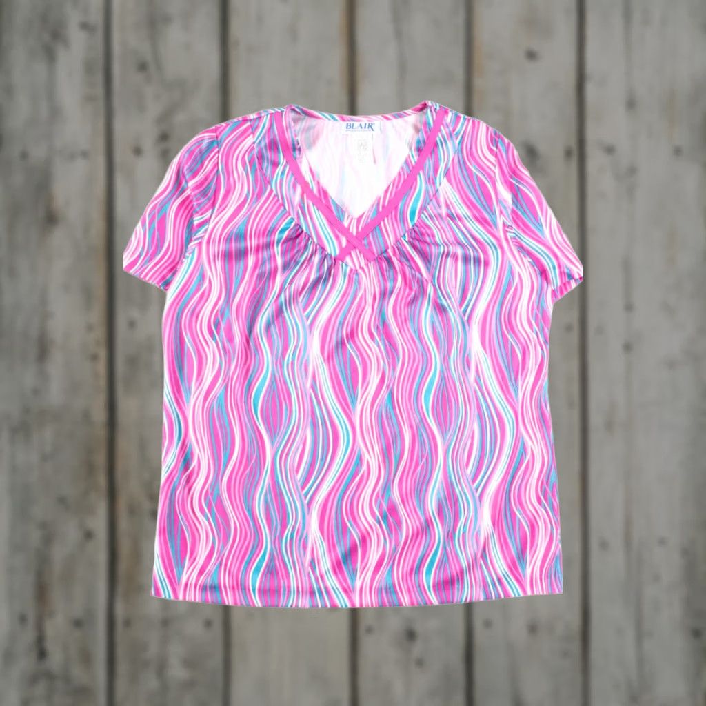 Blair VINTAGE Blair Blouse Shirt V-Neck Pink Waves Small Women's Top Size S / US 4 / IT 40 - 1 Thumbnail