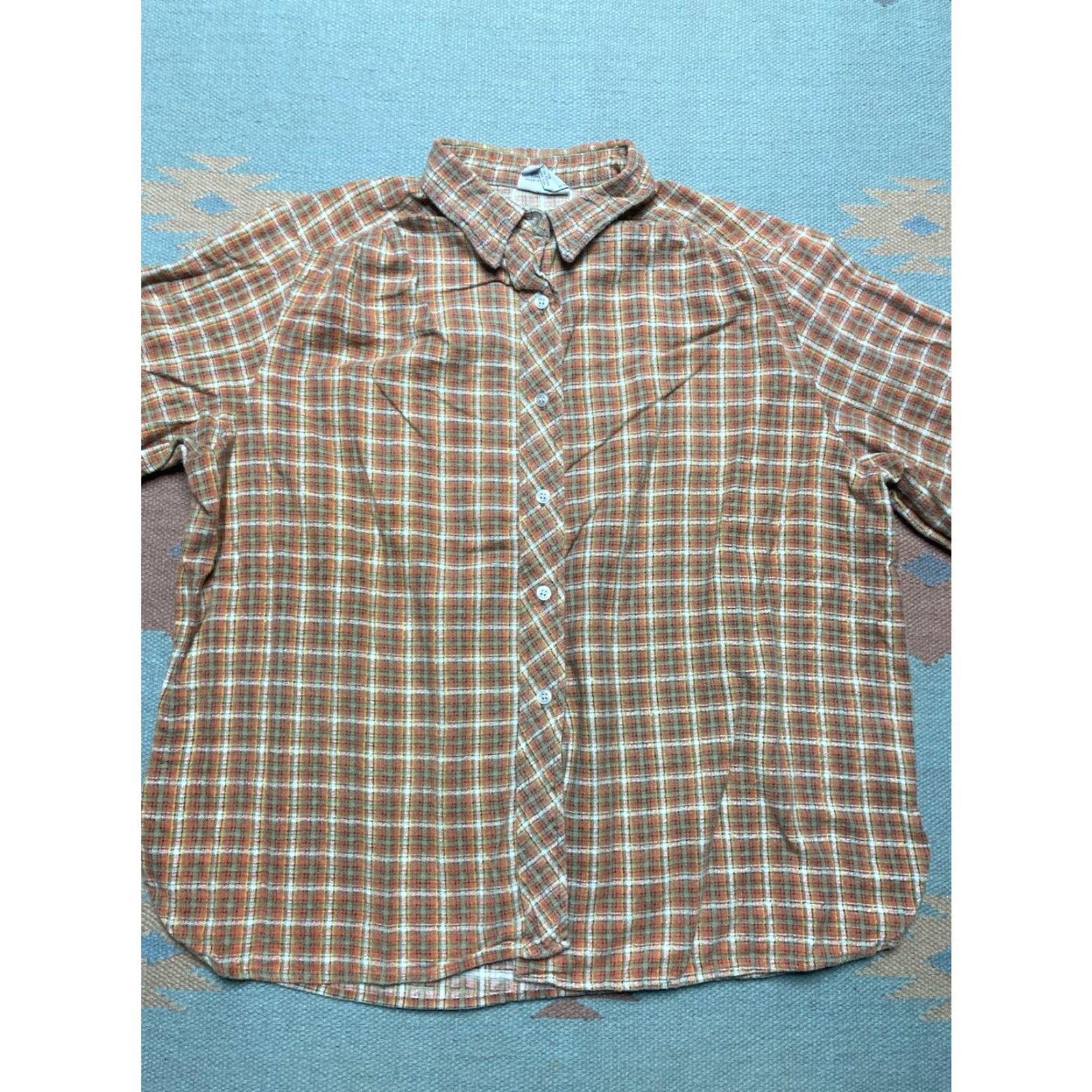 Vintage VINTAGE 80s AZUR Flannel Shirt Plaid Orange Women’s 44 Button-Up Cotton Brushed Size M / US 6-8 / IT 42-44 - 2 Thumbnail