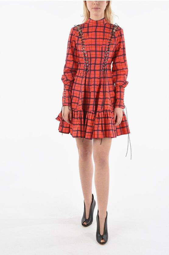 image of Rochas Tartan Mini Dress With Lace Up Corset Details in Red, Women's (Size Small)