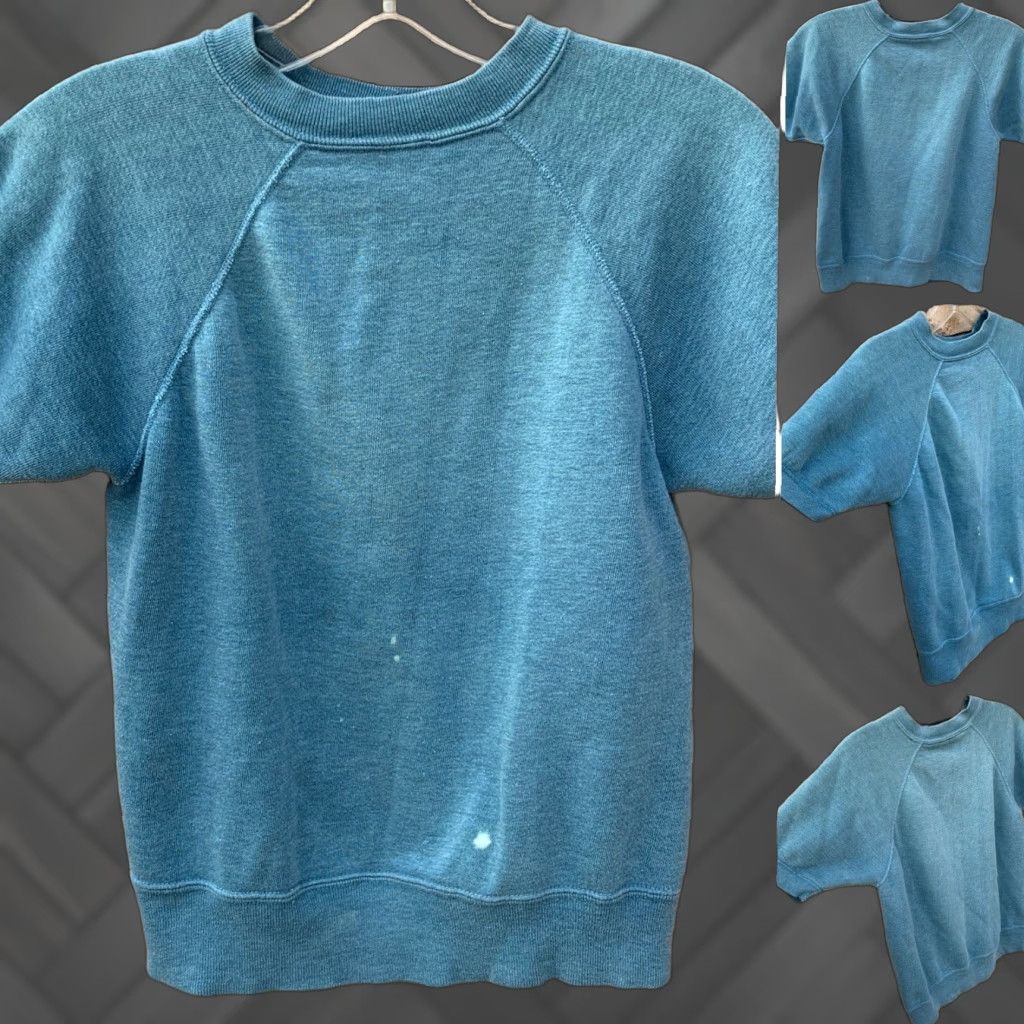 Vintage VINTAGE Raglan Short Sleeve Sweatshirt Blue XS Pullover Distressed Bleached Spots Popover Jumper Greaser Beatnik Worn Untypical Vintage Size US XS / EU 42 / 0 - 1 Thumbnail