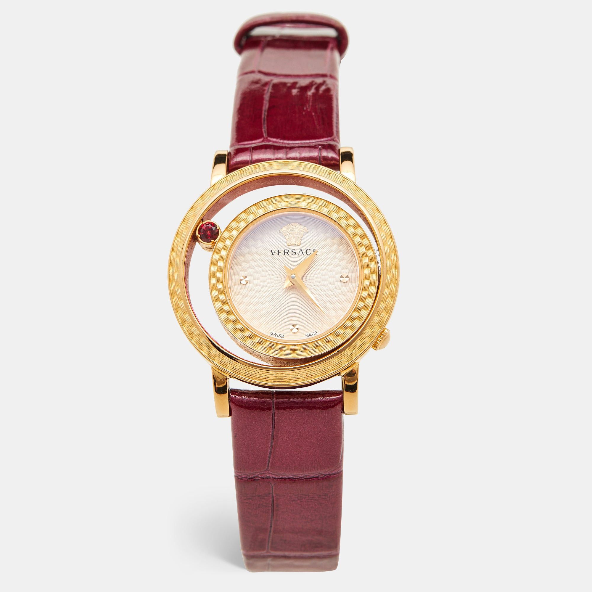 image of Versace Pink Gold Plated Stainless Steel Leather Vda020014 Women's Wristwatch 33 Mm in Red
