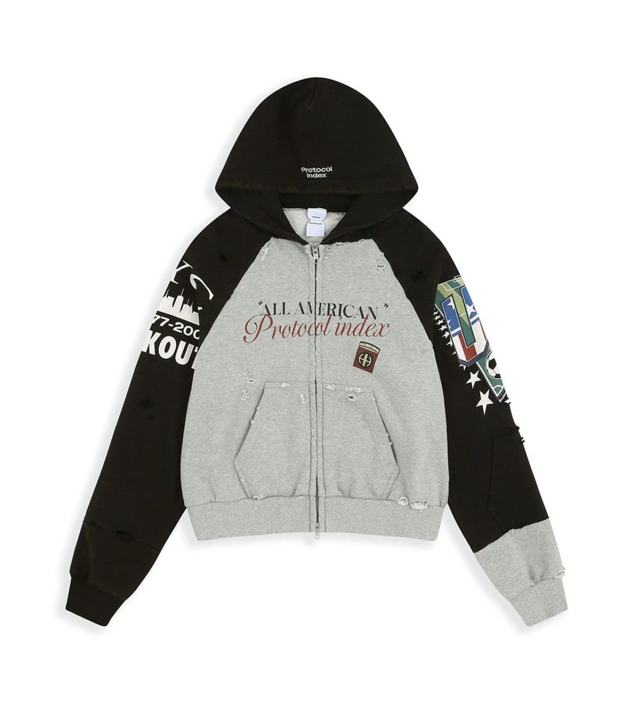 PROTOCOL INDEX RECONSTRUCTED TIGHT FIT ZIP HOODIE-GREY