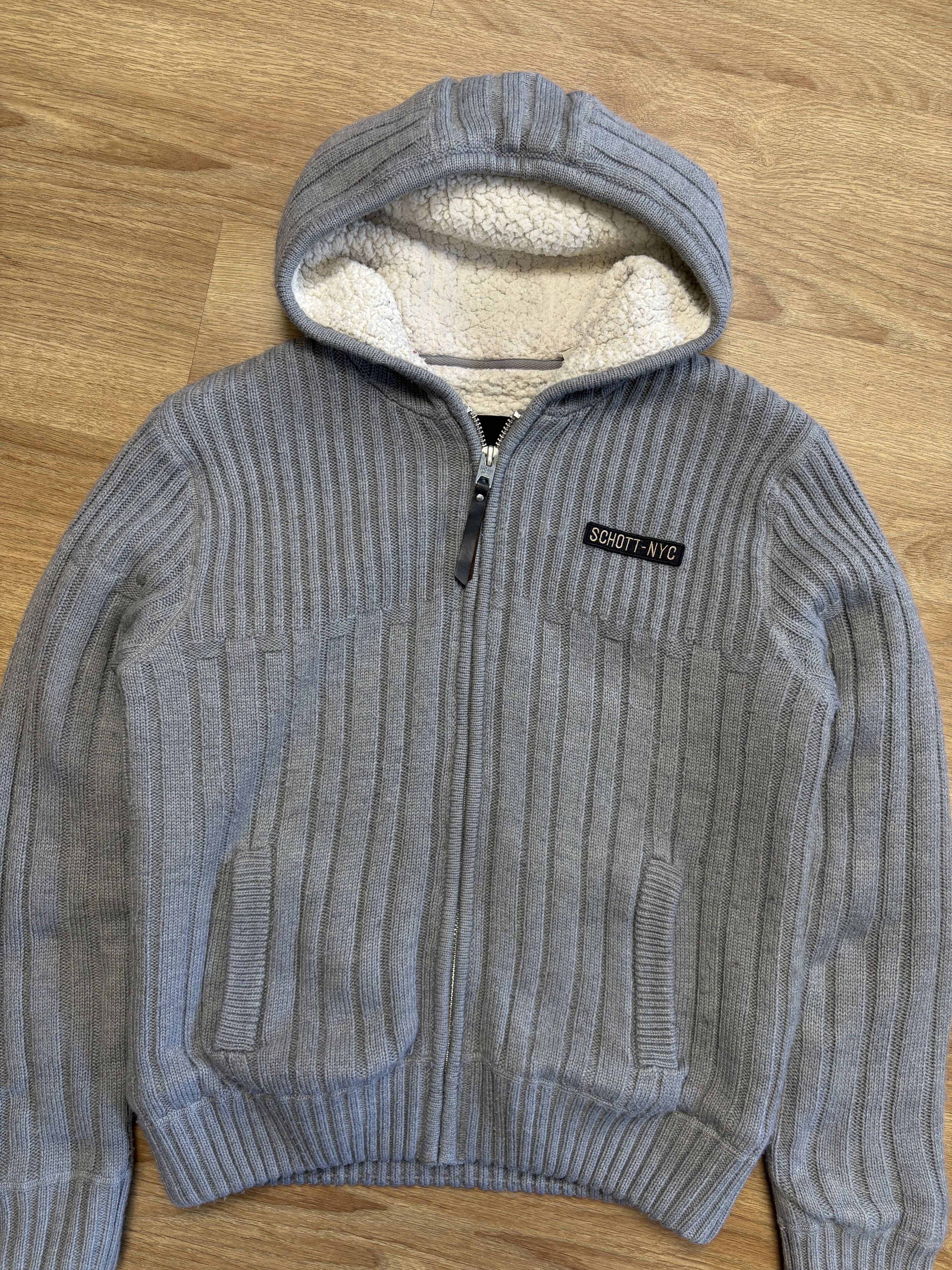 Schott Schott NYC 90s Sherpa Lined Grey Knit Hoodie (M) Size US M / EU 48-50 / 2 - 2 Thumbnail