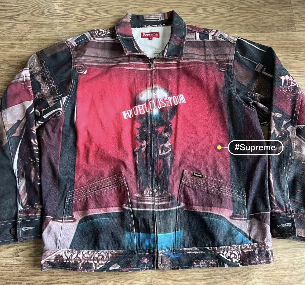 Image of Supreme Scarface The World Is Yours Denim Trucker Jacket in Red, Men's (Size XL)