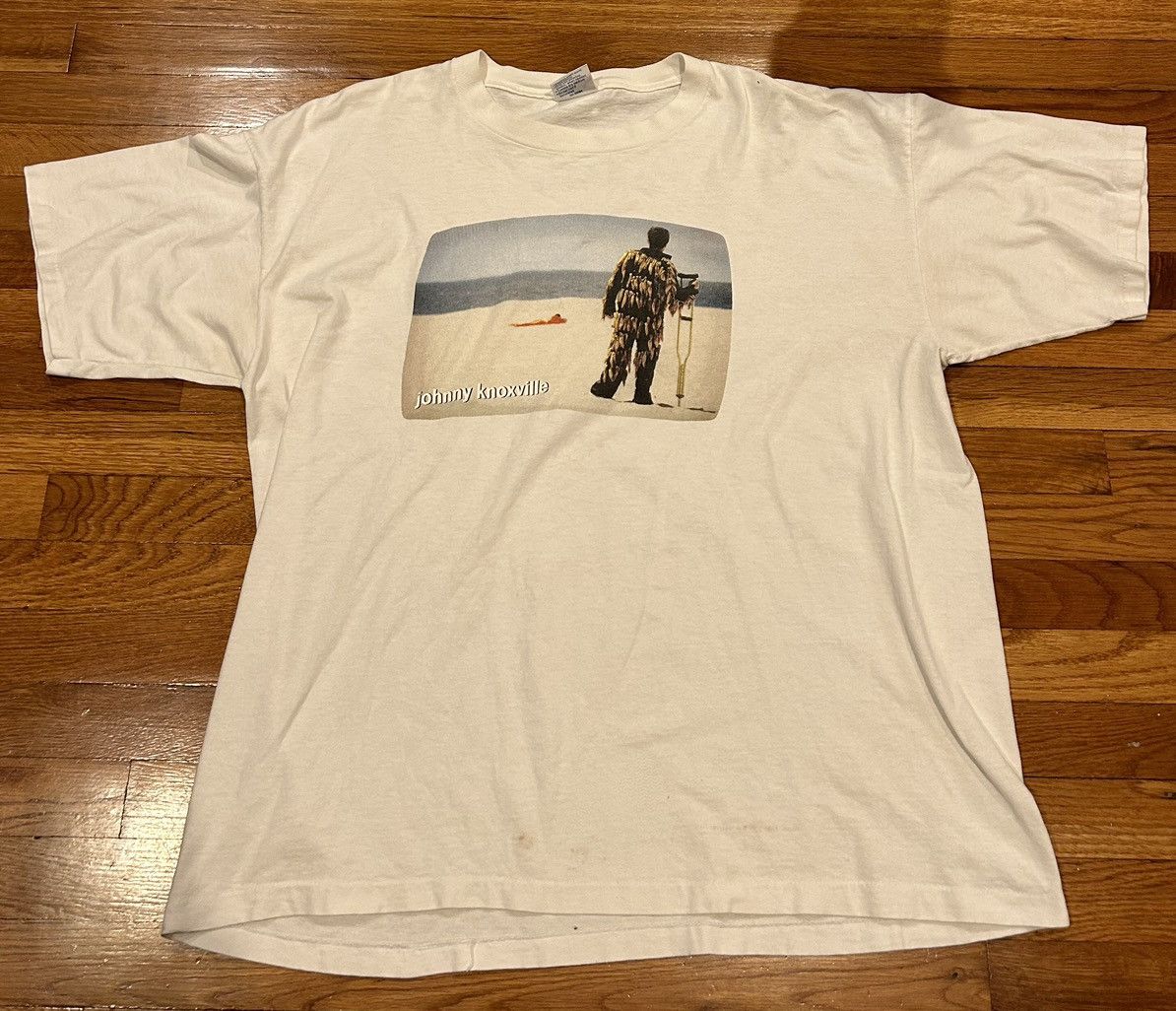 image of All Sport x Vintage 90's Single Stitch Johnny Knoxville Jackass Promo Shirt in White (Size 2XL)