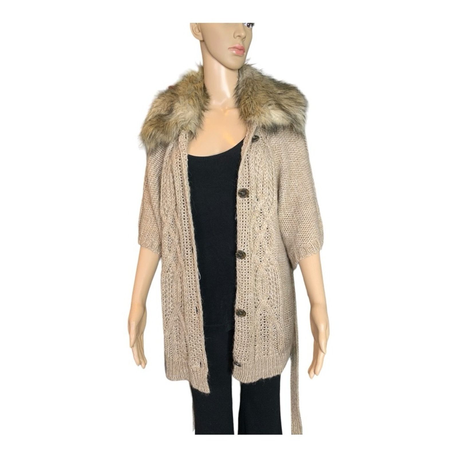 Loft Loft Women's Medium Cardigan Chunky Knit Faux Fur Trimmed Size M / US 6-8 / IT 42-44 - 3 Thumbnail