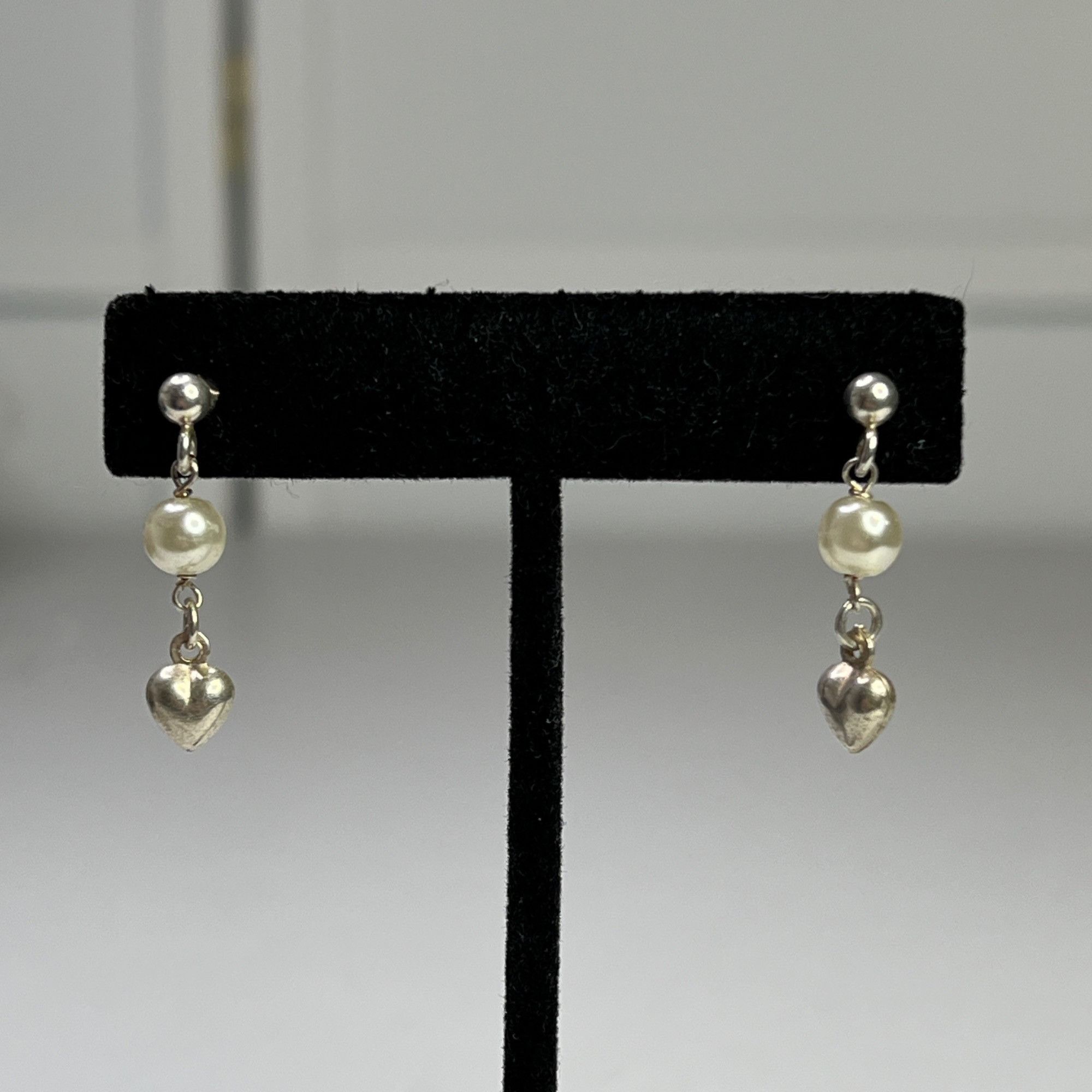 Designer Sterling Silver Drop Earrings With Heart Charms & Faux Pearl Size ONE SIZE - 4 Thumbnail